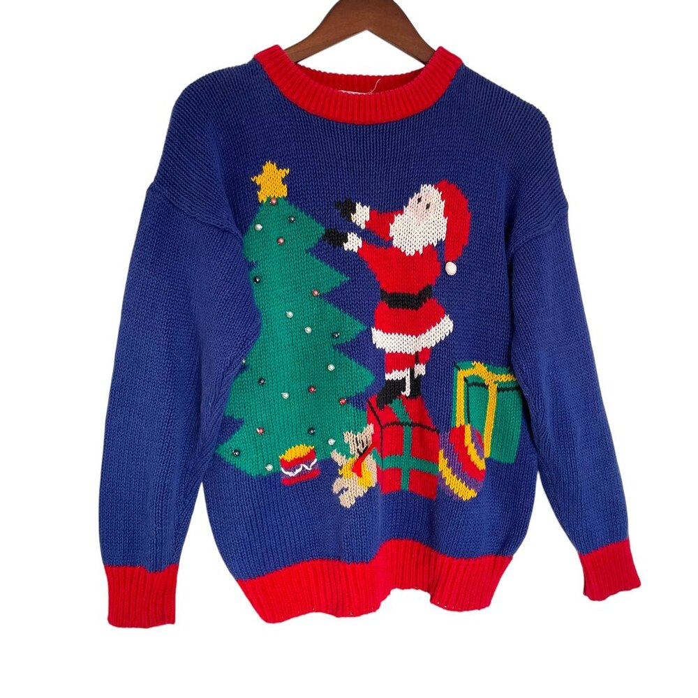 Vintage 80s De Rotchild Ugly Christmas Sweater Small Blue Santa Decorating Tree